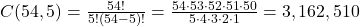 C(54, 5) = \frac{54!}{5!(54-5)!} = \frac{54 \cdot 53 \cdot 52 \cdot 51 \cdot 50}{5 \cdot 4 \cdot 3 \cdot 2 \cdot 1} = 3,162,510